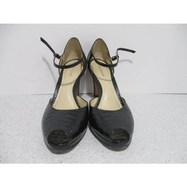 Ann Taylor Black Patent Croc Peep Toe Cut Away Pumps Size Us