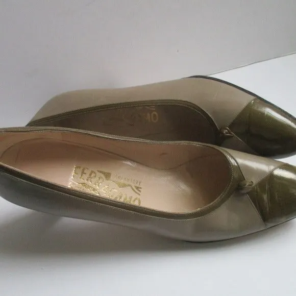 Ferragamo Sophisticated Almond Toe Taupe  Grn Khaki