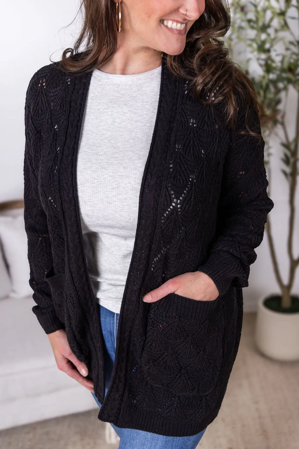 Open Knit Cardigan in Black